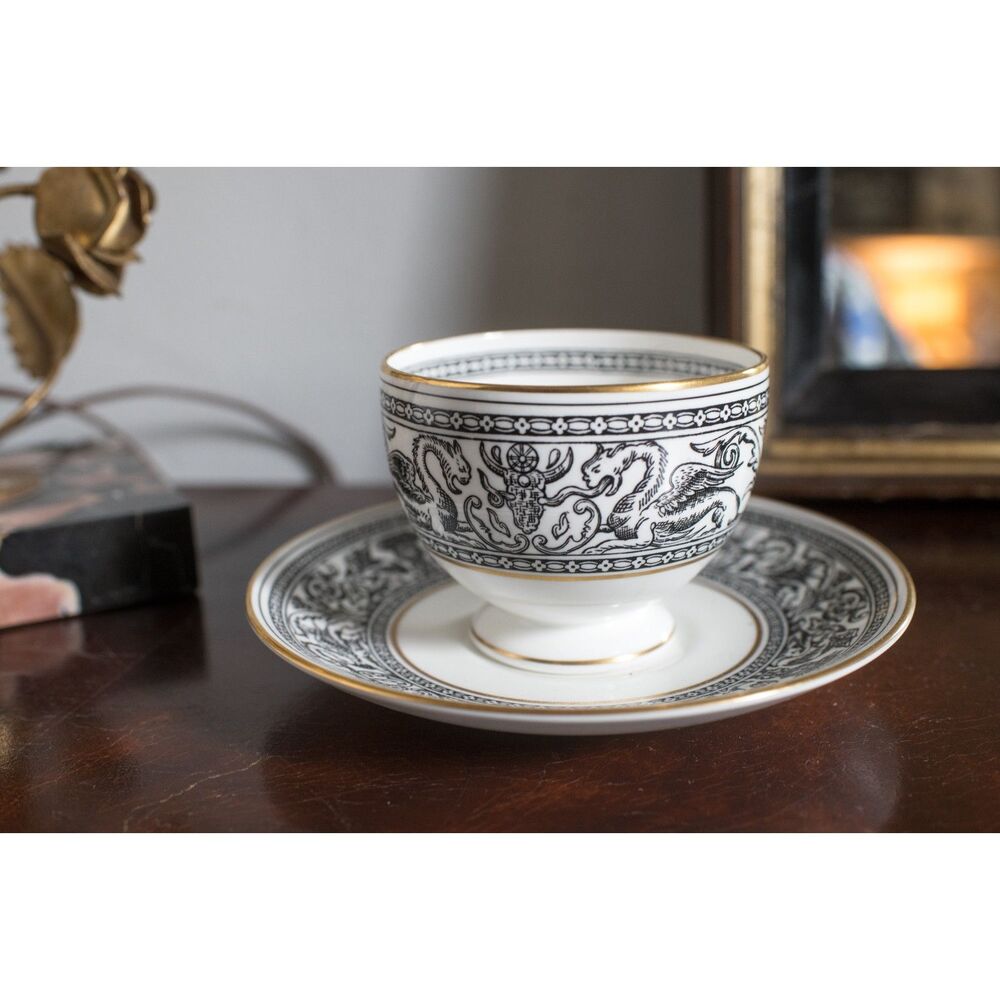 Vintage Wedgwood Florentine Black Griffin Teacup and Saucer Bone China